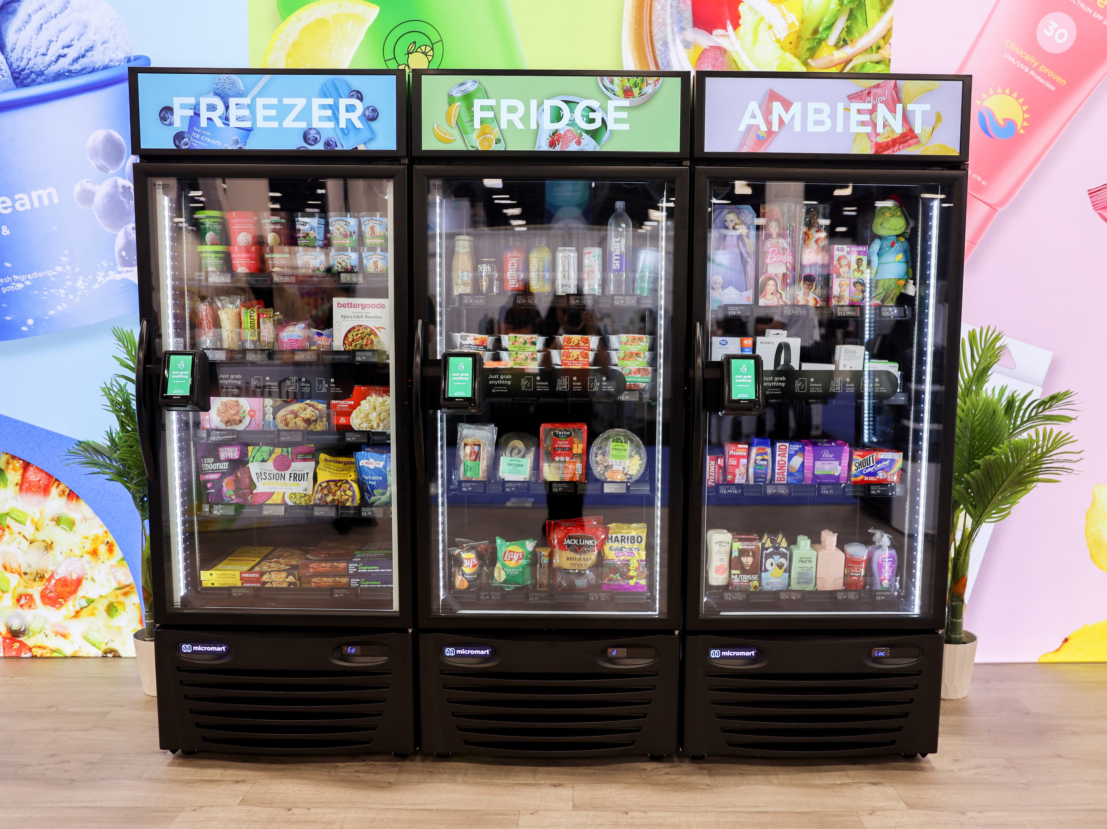 Three-zone freezer, fridge and ambient smart coolers stocked with food and drinks